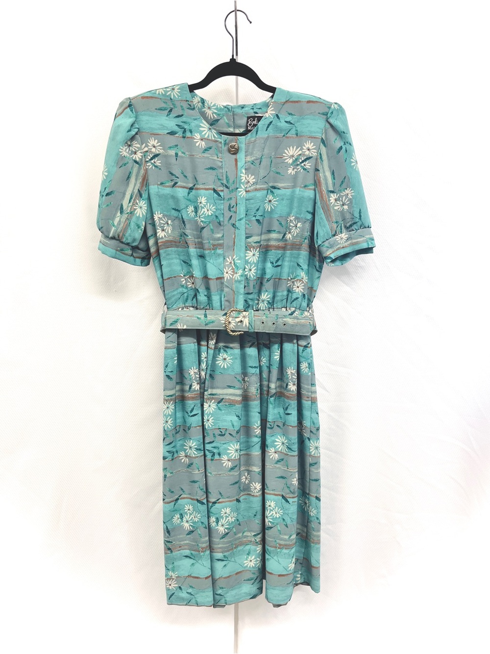Breli Originals Vintage 80’s Belted Teal Dress with Puff Sleeves